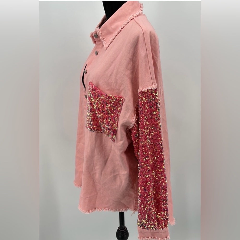 Pink Button-Up Shirt Jacket shacket with Sequin Details NWT - Picture 4 of 5